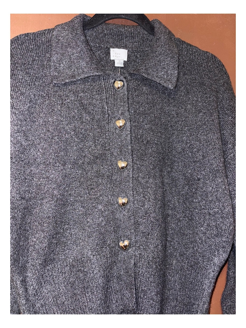 A New Day Long Sleeve Heart Button Cardigan Sweater (Charcoal Heather - Medium) - Picture 6 of 11